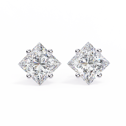 2 CT Princess-Cut Stud Earrings | Modern Cross-Basket 4-Prong | Lab-Grown Diamond or Moissanite | Solid Gold/Platinum | Screw-Back