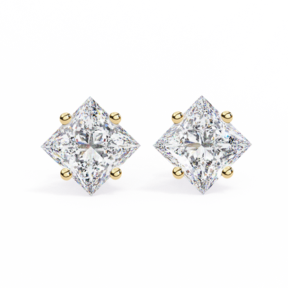 2 CT Princess-Cut Stud Earrings | Modern Cross-Basket 4-Prong | Lab-Grown Diamond or Moissanite | Solid Gold/Platinum | Screw-Back