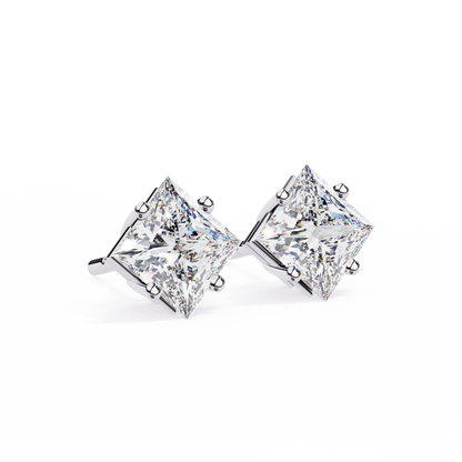 2 CT Princess-Cut Stud Earrings | Modern Cross-Basket 4-Prong | Lab-Grown Diamond or Moissanite | Solid Gold/Platinum | Screw-Back