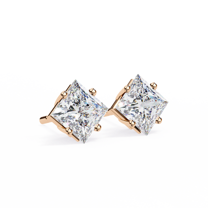 2 CT Princess-Cut Stud Earrings | Modern Cross-Basket 4-Prong | Lab-Grown Diamond or Moissanite | Solid Gold/Platinum | Screw-Back