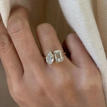 Toi Et Moi Ring Pear and Emerald Cut Bezel Set Two Stone Engagement Ring 14K Solid Gold Wedding Ring Lab Grown Diamond Double Stone Ring.