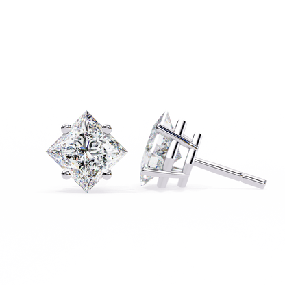 2 CT Princess-Cut Stud Earrings | Modern Cross-Basket 4-Prong | Lab-Grown Diamond or Moissanite | Solid Gold/Platinum | Screw-Back