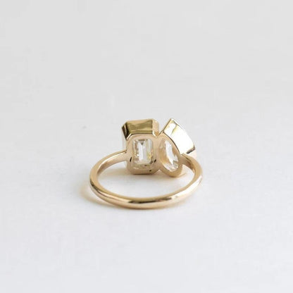 Toi Et Moi Ring Pear and Emerald Cut Bezel Set Two Stone Engagement Ring 14K Solid Gold Wedding Ring Lab Grown Diamond Double Stone Ring.