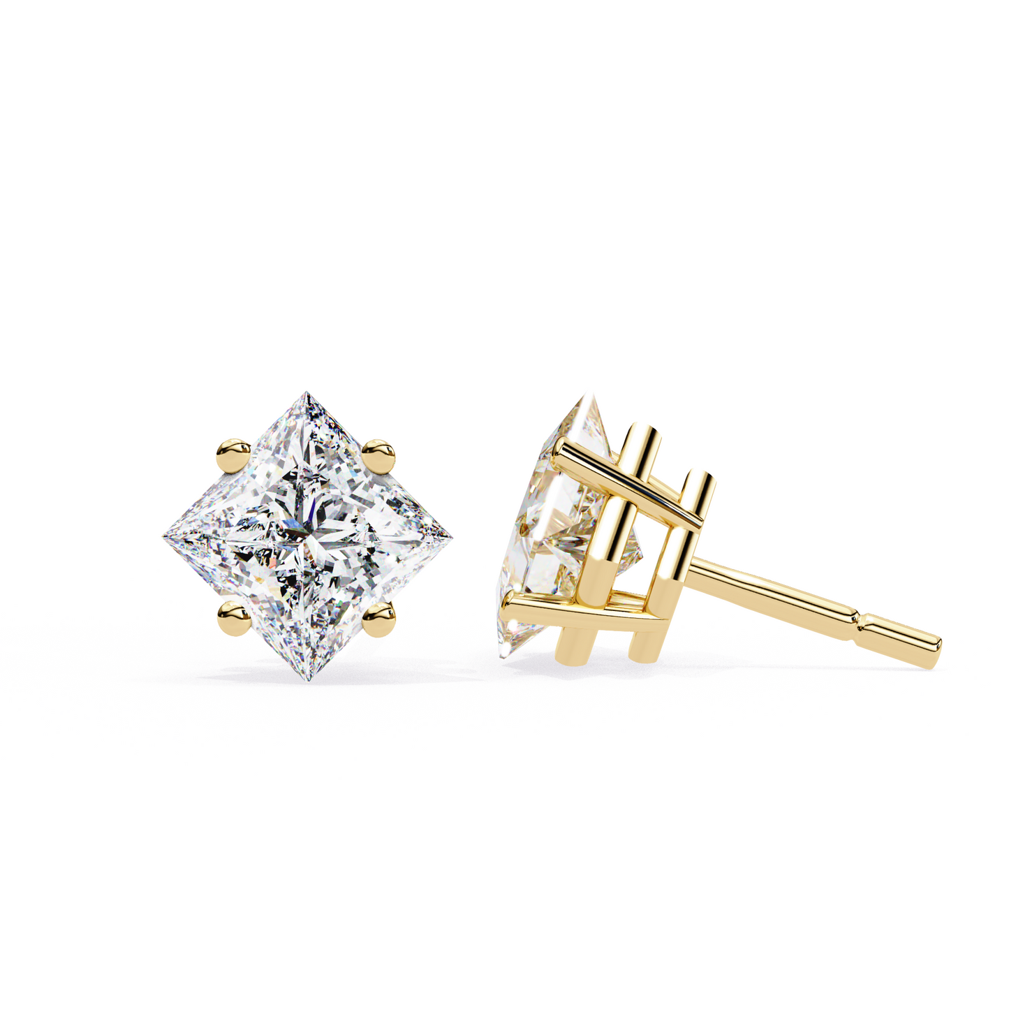 2 CT Princess-Cut Stud Earrings | Modern Cross-Basket 4-Prong | Lab-Grown Diamond or Moissanite | Solid Gold/Platinum | Screw-Back