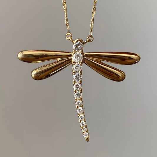 Dragonfly Pendant Necklace in 14K Gold – Moissanite or Lab-Grown Diamond | Dainty Nature-Inspired Insect Jewelry