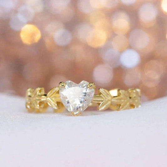HeartHeart Cut Unique Gold Leaves Bridal Floral Moissanite Wedding Engagement Ring Cut Three Stone Cluster Moissanite Engagement Ring, Moissanite Engagement Ring (Copy)