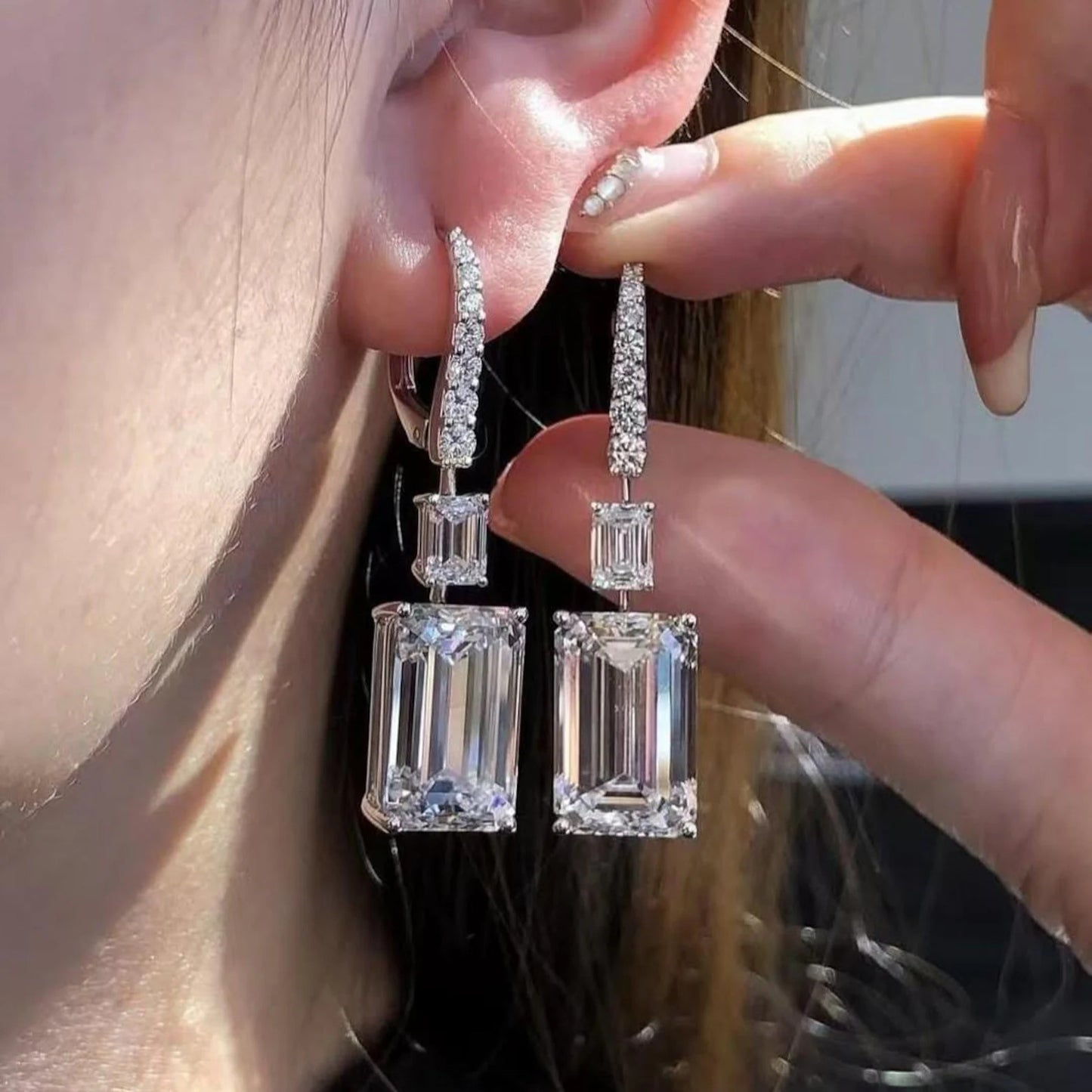 12CT Emerald Cut Three Tier Drop Earrings, Luxury Statement, Lab Grown Diamond or Moissanite