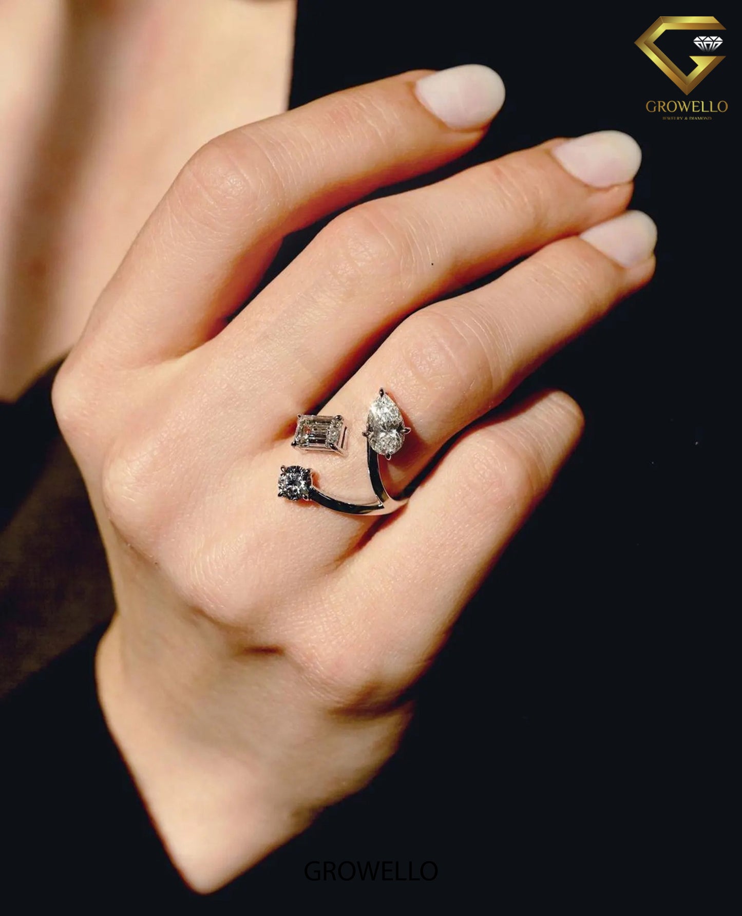 Three Stone Bypass Engagement Ring, Round-Emerald-Pear Diamond, Solid gold, Lab-Grown or Moissanite