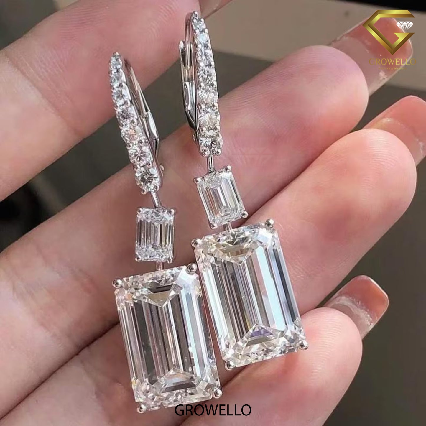 12CT Emerald Cut Three Tier Drop Earrings, Luxury Statement, Lab Grown Diamond or Moissanite