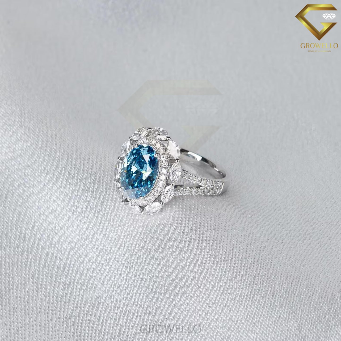 3CT Blue Oval Halo Engagement Ring, Marquise Floral Cluster, Split Pavé Band, Lab Diamond or Moissanite