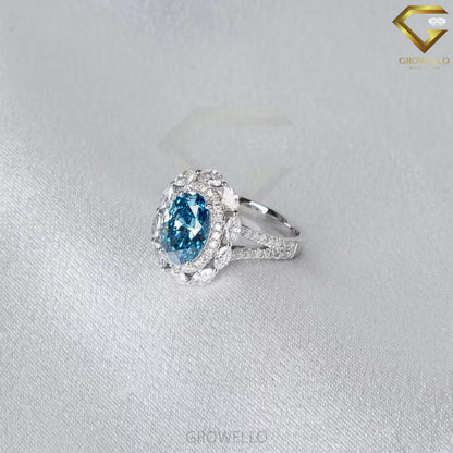 3CT Blue Oval Halo Engagement Ring, Marquise Floral Cluster, Split Pavé Band, Lab Diamond or Moissanite