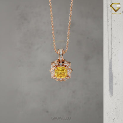 2CT Yellow Princess Cut Starburst Halo Pendant, Art Deco Geometric Necklace, Solid Gold, Lab-Grown Diamond or Moissanite