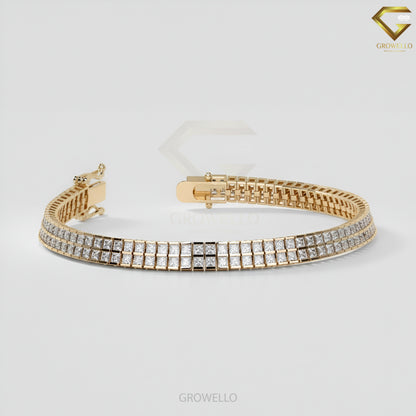 Princess Cut 3MM Diamond Tennis Bracelet, Double Row Grid Link, Solid Gold, Lab-Grown Diamond or Moissanite