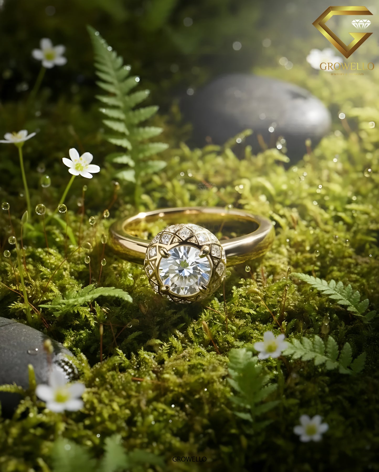 2CT Round Halo Engagement Ring, Geometric Vintage Dome Setting, Solid Gold, Lab Grown Diamond or Moissanite