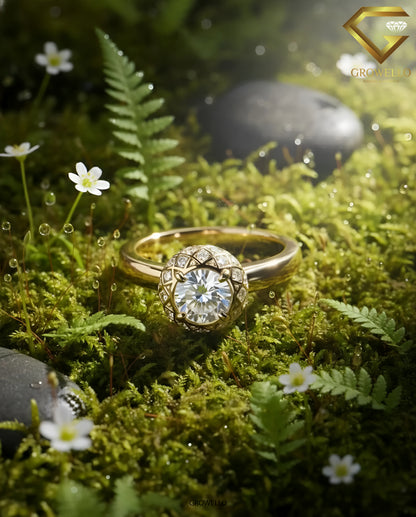2CT Round Halo Engagement Ring, Geometric Vintage Dome Setting, Solid Gold, Lab Grown Diamond or Moissanite