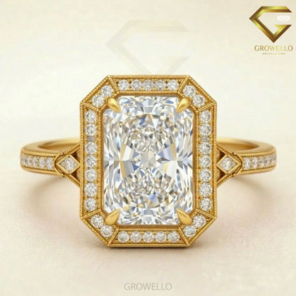 3 CT Radiant Engagement Ring, Art Deco Halo, Pave-Band, IGI Lab Diamond or Moissanite