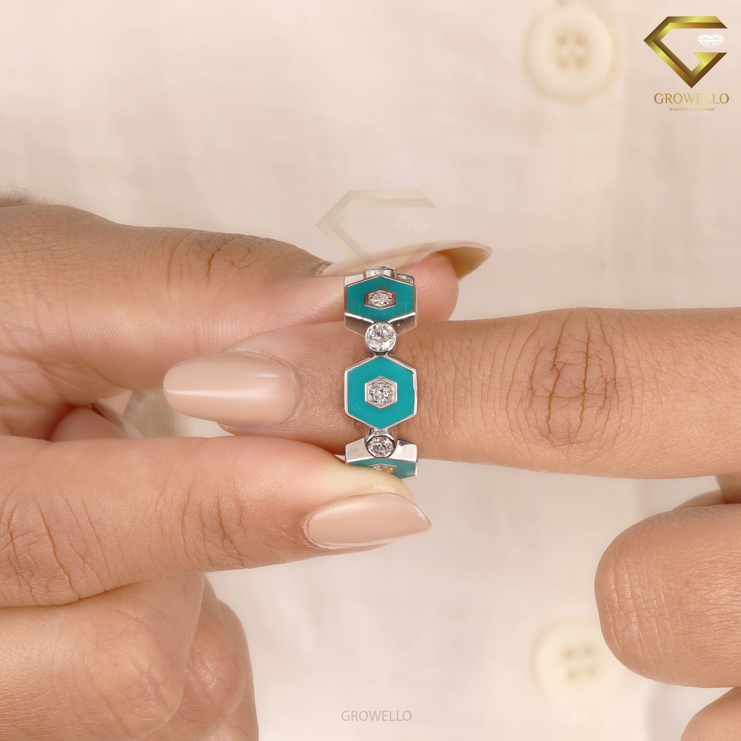 Turquoise Enamel Hexagon Diamond Ring, Geometric Designer Band, Lab Grown Diamond or Moissanite