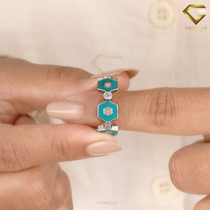 Turquoise Enamel Hexagon Diamond Ring, Geometric Designer Band, Lab Grown Diamond or Moissanite