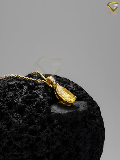 5CT Yellow Pear Diamond Pendant Necklace, Vintage Drop, Solid Gold, Lab Grown Diamond or Moissanite