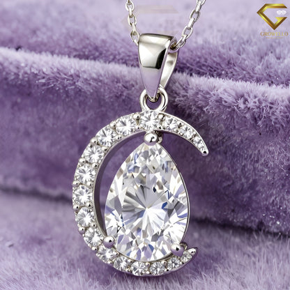 5CT Pear Cut Vintage Crescent Halo Pendant Necklace, Asymmetrical Wrap, Solid Gold, Lab-Grown Diamond or Moissanite