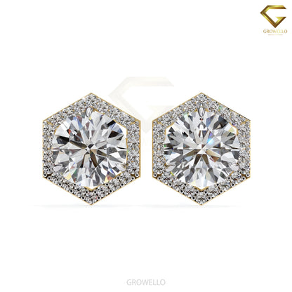 2CT Round Diamond Hexagon Halo Stud Earrings, Geometric Luxury Studs in Solid Gold, Lab Grown Diamond or Moissanite