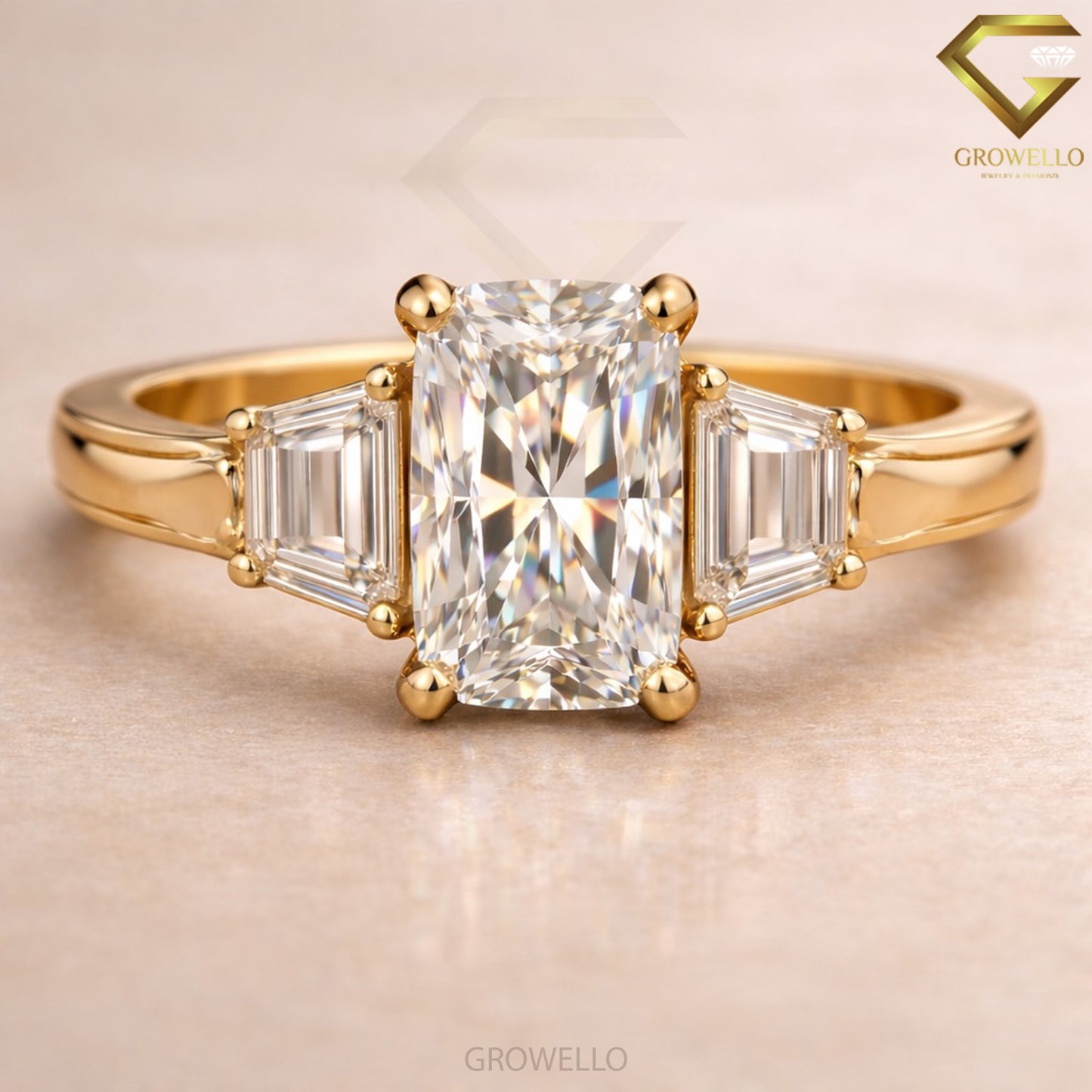 3 CT Radiant Cut Trapezoid Side Stone Engagement Ring, Solid Gold, IGI Lab Diamond or Moissanite