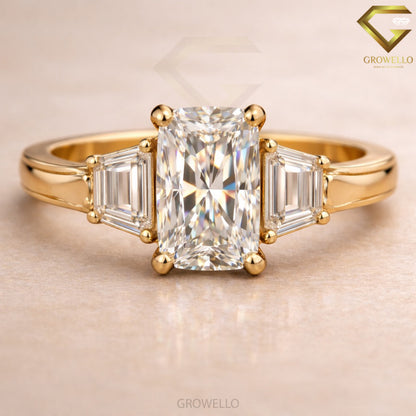 3 CT Radiant Cut Trapezoid Side Stone Engagement Ring, Solid Gold, IGI Lab Diamond or Moissanite