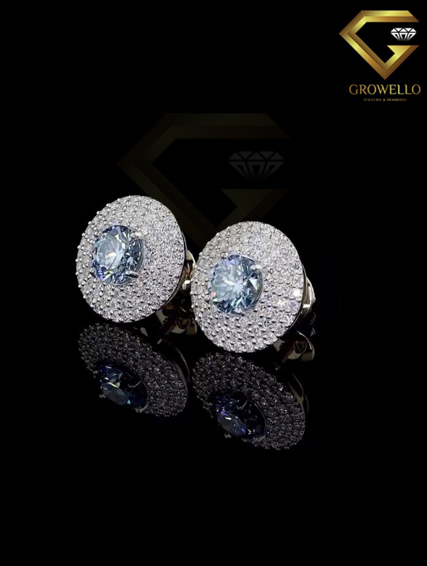 2CT Blue Round Halo Diamond Stud Earrings, Pave Cluster Disc, Solid Gold, IGI Lab Grown Diamond or Moissanite