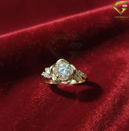 Rose Flower Diamond Engagement Ring, Floral Leaf Vine Botanical Design, IGI Lab Diamond or Moissanite