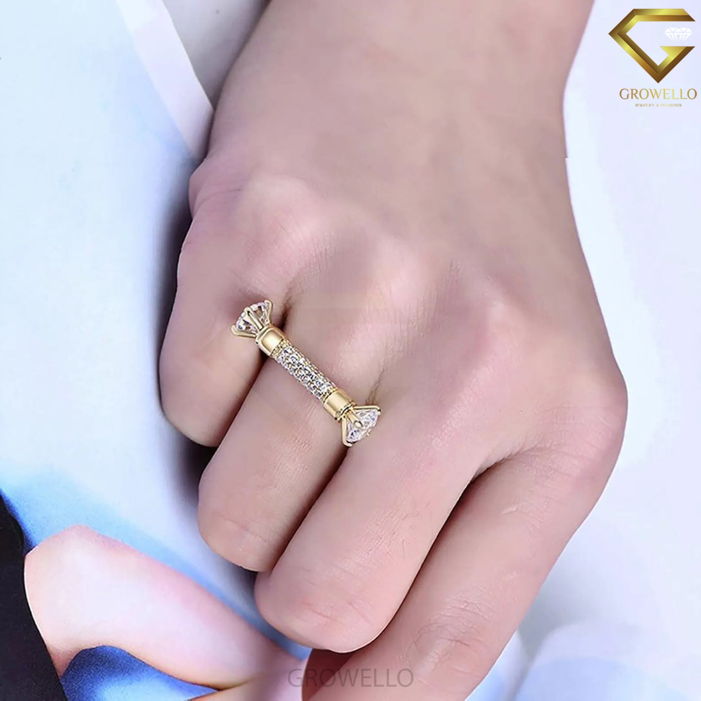 Toi et Moi Round Stone Pavé Bar Engagement Band, Solid Gold, Lab Grown Diamond or Moissanite