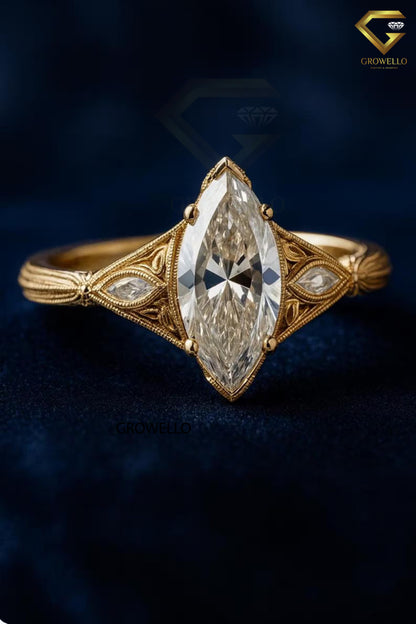 3 CT Marquise Vintage Filigree Engagement Ring, Art Deco Antique Style, Solid Gold, Lab Diamond or Moissanite