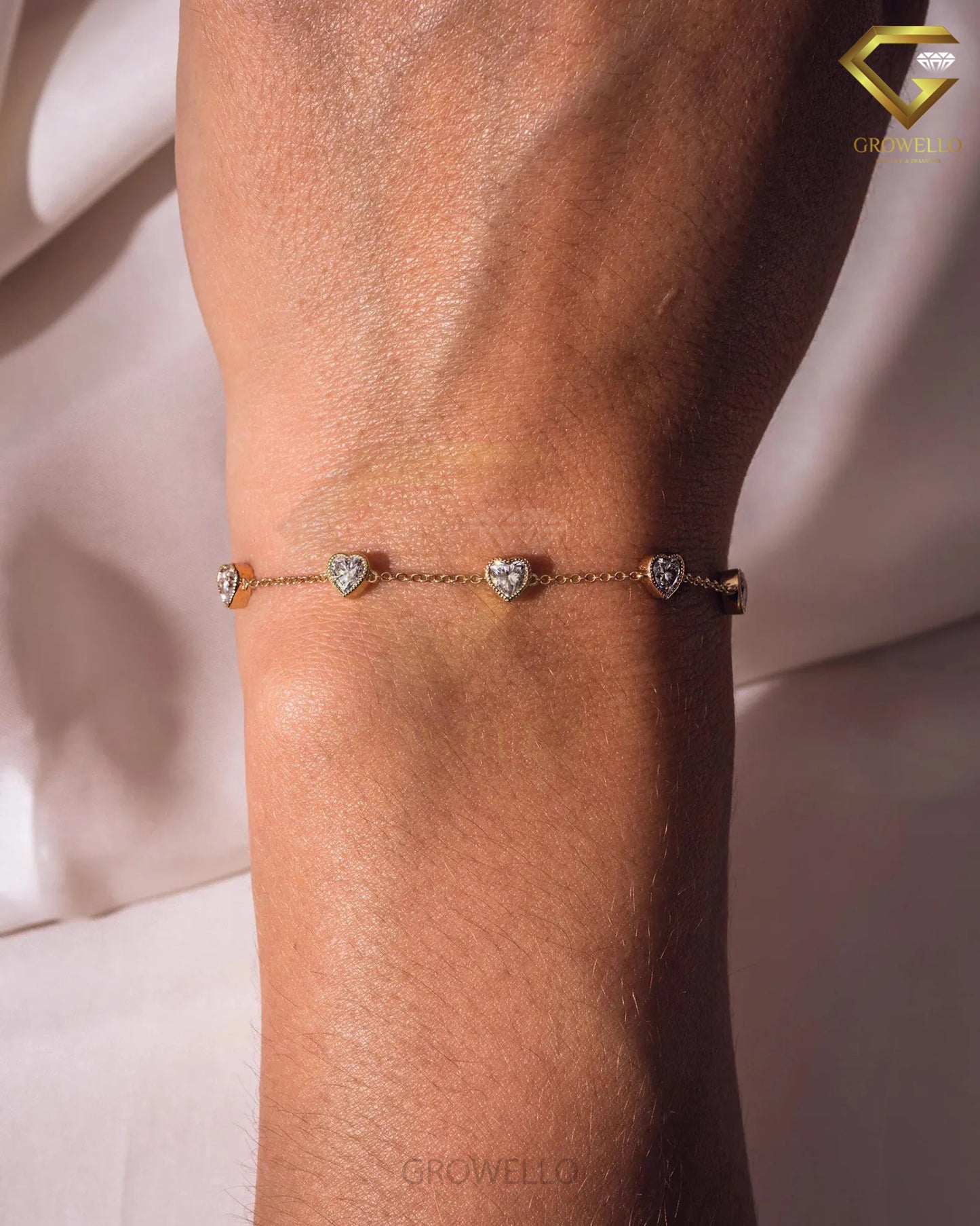 5mm Heart Cut Diamond Bracelet, Five Stone Solid Gold Bracelet, Lab Grown or Moissanite