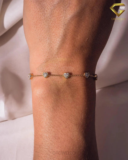 5mm Heart Cut Diamond Bracelet, Five Stone Solid Gold Bracelet, Lab Grown or Moissanite