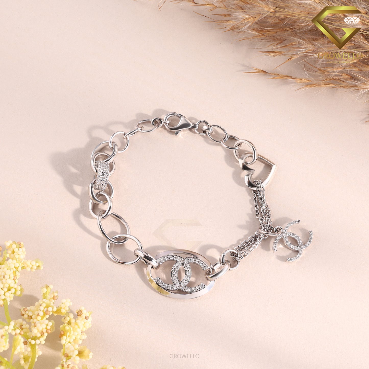 Luxury CC Style Diamond Bracelet, Chunky Chain Charm, Solid Gold, Lab Grown or Moissanite