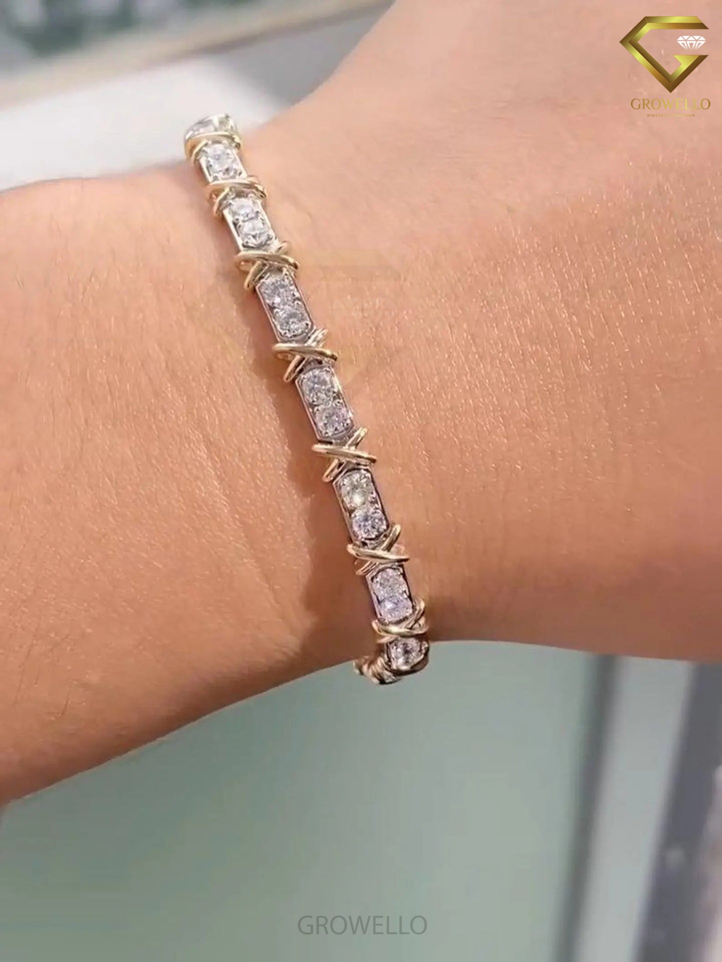 Round Diamond Link Bracelet, X Wrap Design, Solid Gold, Lab Grown or Moissanite