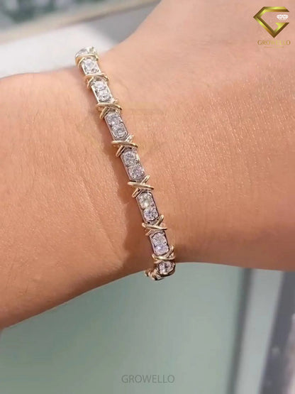 Round Diamond Link Bracelet, X Wrap Design, Solid Gold, Lab Grown or Moissanite