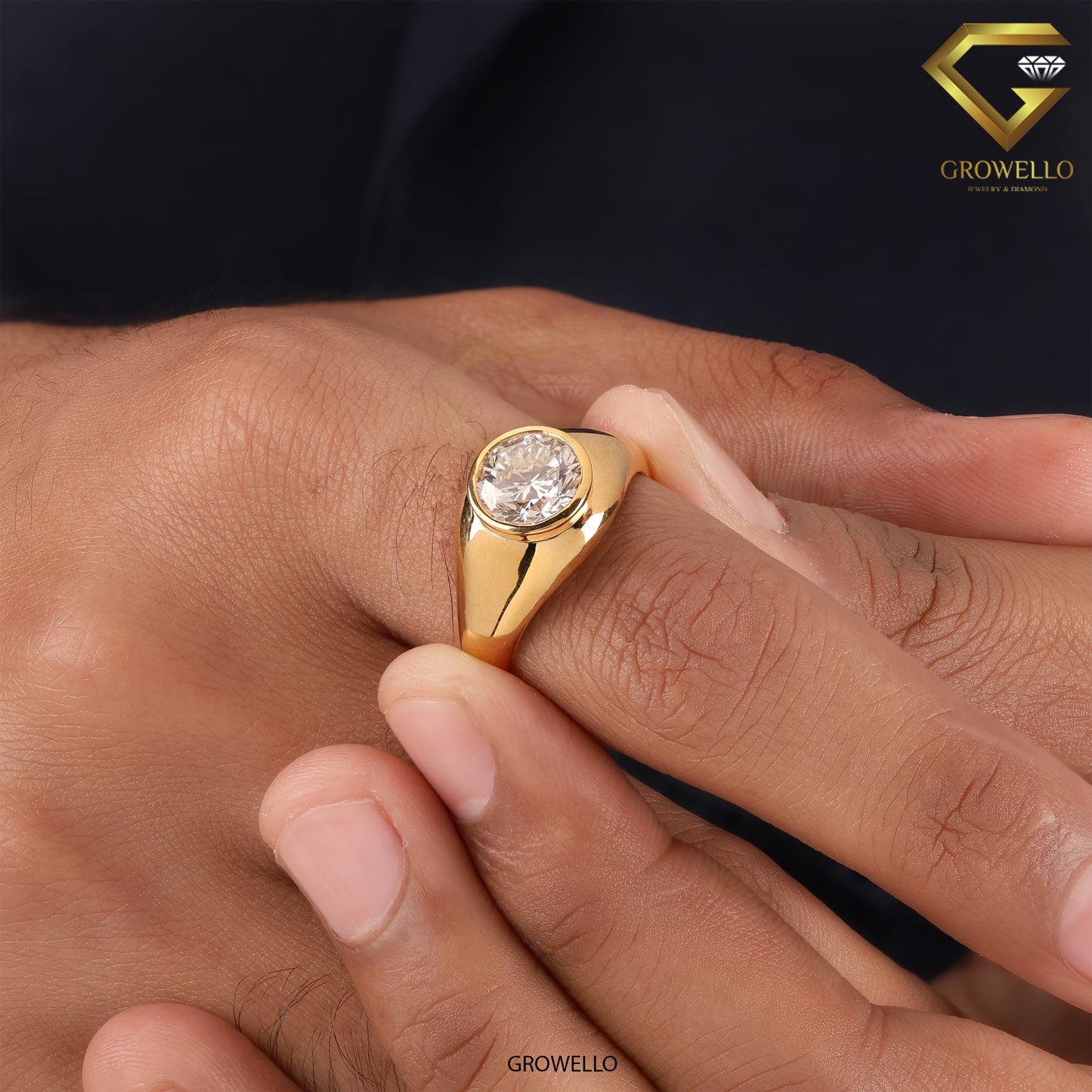 3CT Round Bezel Signet Engagement Ring, Bold Gold Statement Ring, Lab Grown Diamond or Moissanite
