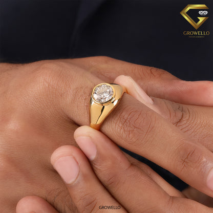 3CT Round Bezel Signet Engagement Ring, Bold Gold Statement Ring, Lab Grown Diamond or Moissanite
