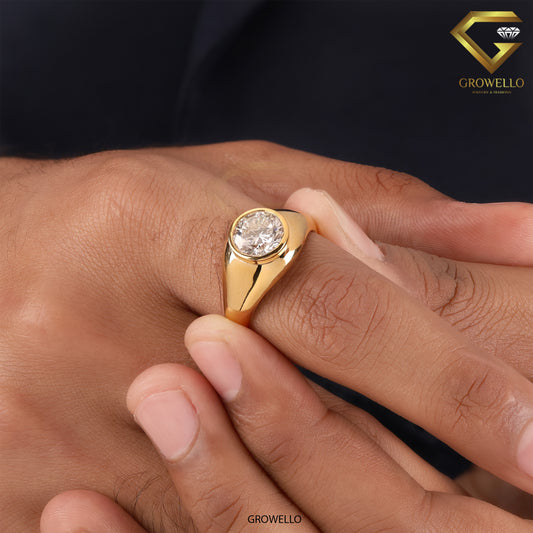3CT Round Bezel Signet Engagement Ring, Bold Gold Statement Ring, Lab Grown Diamond or Moissanite
