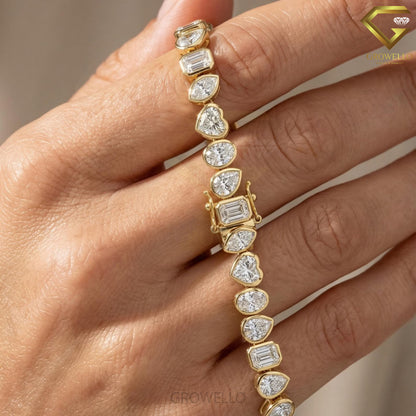 Mixed Shape Bezel Diamond Tennis Bracelet, Minimalist Solid Gold, Lab Grown or Moissanite