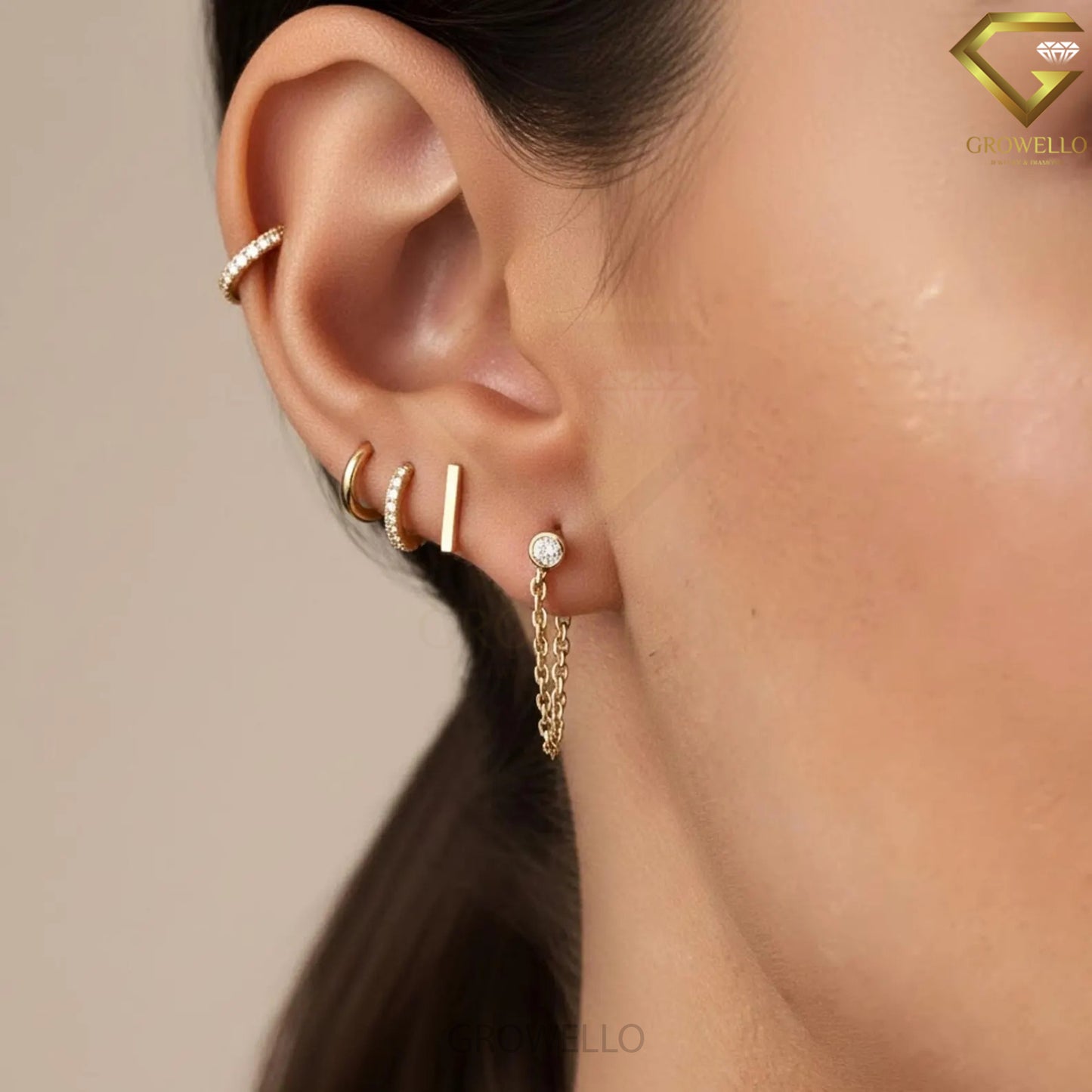 Round Bezel Diamond Chain Drop Earrings, Dainty Solid Gold Studs, Lab-Grown Diamond or Moissanite