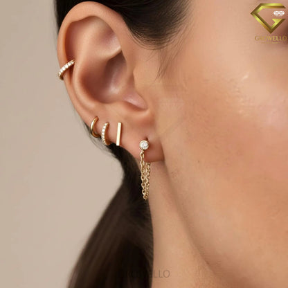 Round Bezel Diamond Chain Drop Earrings, Dainty Solid Gold Studs, Lab-Grown Diamond or Moissanite
