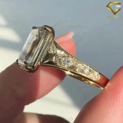 5 CT Emerald Cut Vintage Engraved Engagement Ring, Antique Style, Lab Diamond or Moissanite