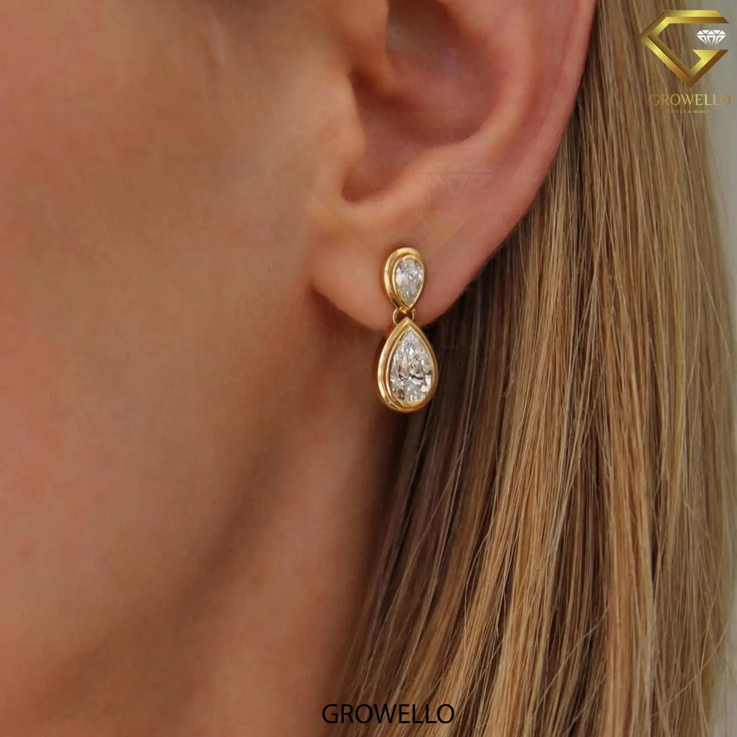 Pear Cut Bezel Drop Earrings, Luxury Dangle, Solid Gold, Lab Grown Diamond or Moissanite