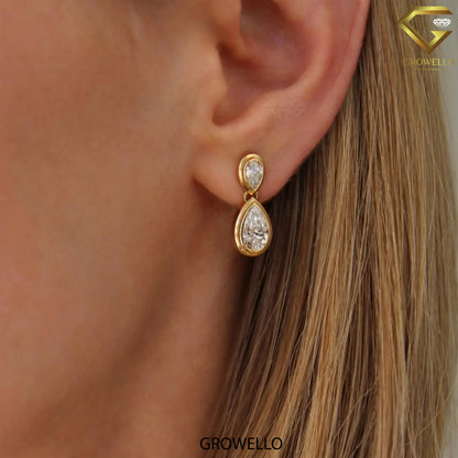 Pear Cut Bezel Drop Earrings, Luxury Dangle, Solid Gold, Lab Grown Diamond or Moissanite
