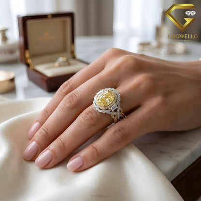 3 CT Yellow Oval Halo Engagement Ring, Vintage Crossover, IGI Lab Diamond or Moissanite
