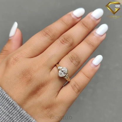 3CT Oval Three Stone Engagement Ring, Trillion Side Diamonds, Bezel Set, Solid Gold, Lab Grown Diamond or Moissanite