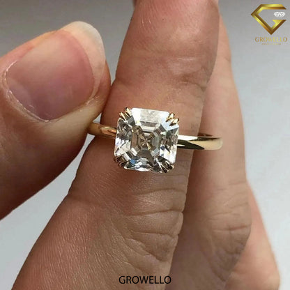 2CT Asscher Cut Engagement Ring: Solid Gold Hidden Halo, Lab Grown Diamond or Moissanite