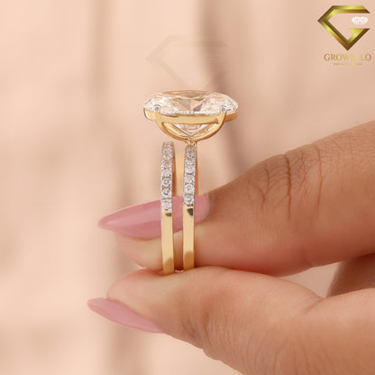 5CT Oval Diamond Engagement Ring, Double Wedding Band, Solid Gold, Lab Grown or Moissanite