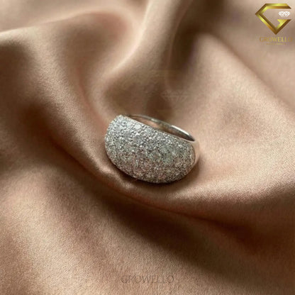 Pave Diamond Dome Engagement Ring, Wide Band, Solid Gold, Lab Grown or Moissanite Diamond